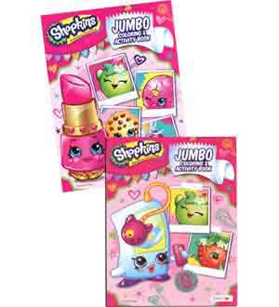 Two colorful Shopkins jumbo coloring books with pink backgrounds featuring cartoon characters like a lipstick, cupcake, and.
