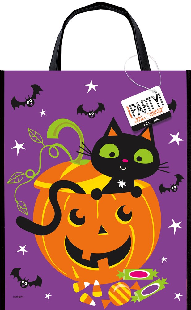 Purple fabric tote bag with black handles featuring a black cat in a witch hat sitting on a carved orange pumpkin,.