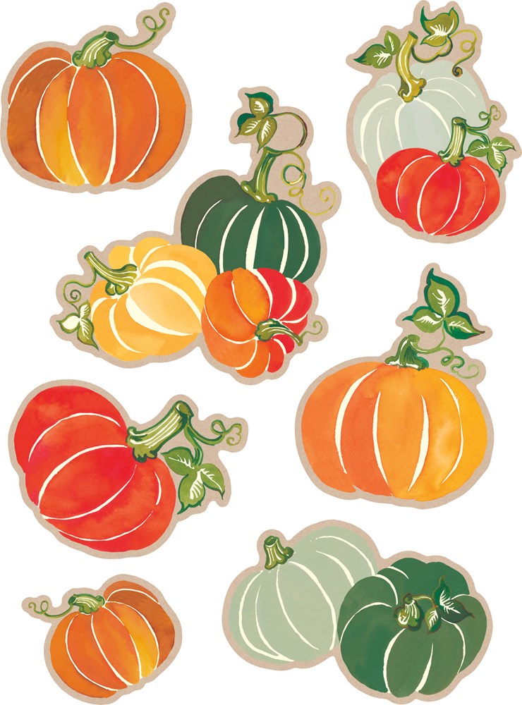 Set of colorful pumpkin window clings in orange, green, cream, and yellow with green stems and curling vines.