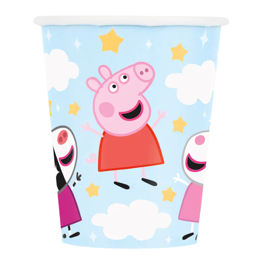 Light blue disposable cup with Peppa Pig and friends, clouds, and yellow stars, 9 oz capacity.