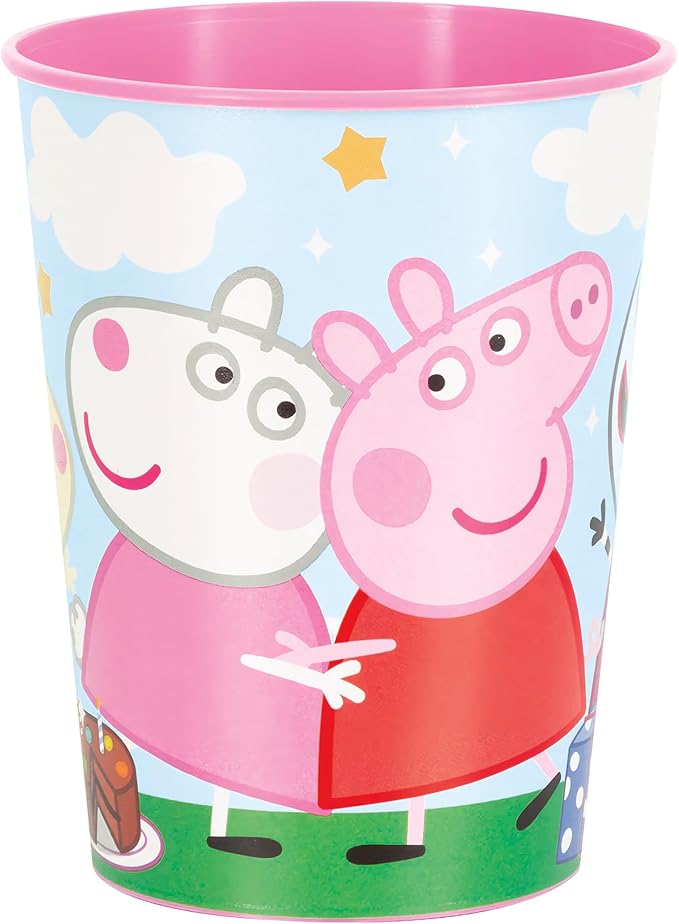 Pink rimmed plastic cup featuring Peppa Pig and a white character on a blue background with clouds and stars.