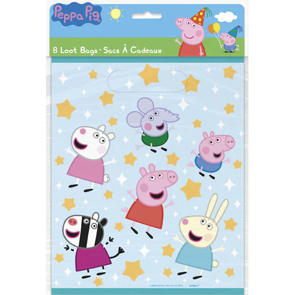 Set of eight light blue Peppa Pig-themed loot bags decorated with colorful star patterns and characters including Peppa,.