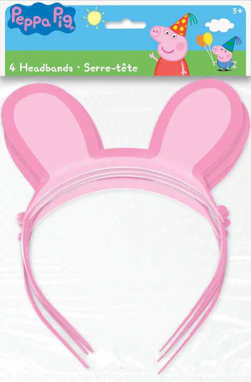 Pink paper headband with Peppa Pig ears, designed for kids' birthday parties.