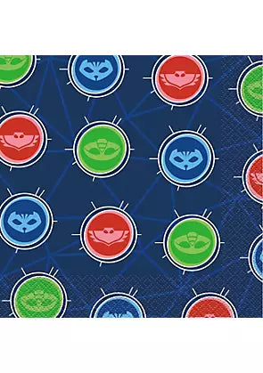 Blue paper napkins with repeating circular PJ Masks superhero logos in red, green, and blue colors.
