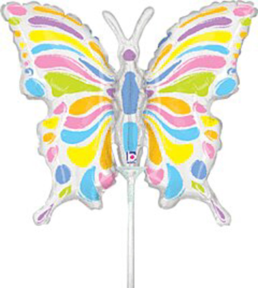 Pastel butterfly-shaped foil balloon with yellow, pink, blue, and green accents, 14-inch size.