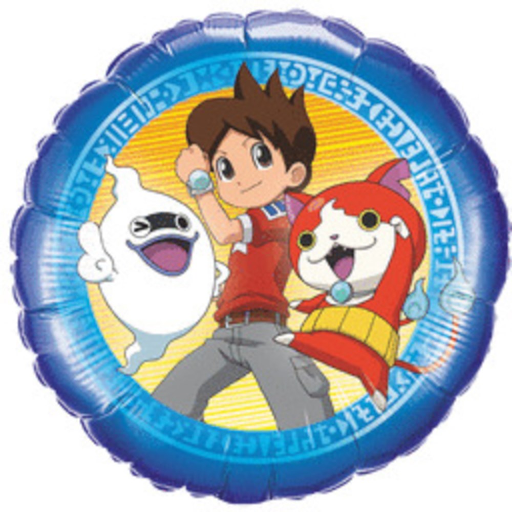Round foil balloon featuring colorful Yo-Kai Watch characters with blue border and yellow background.
