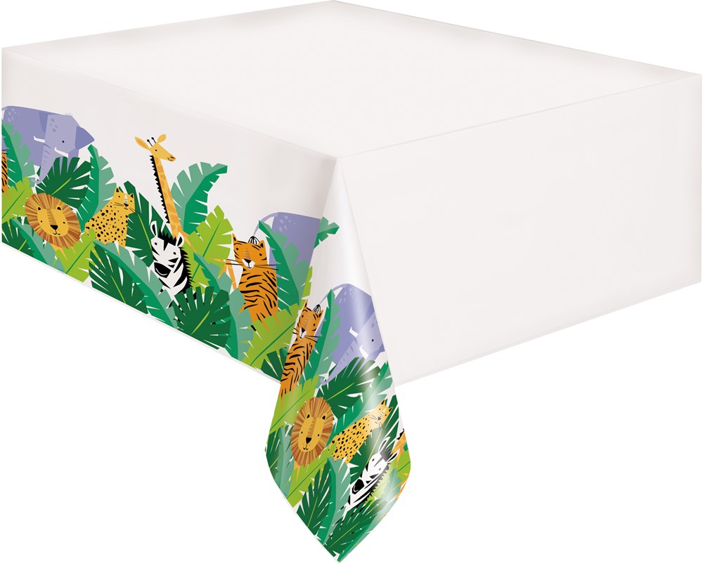 White plastic tablecover with colorful jungle animal border featuring lions, zebras, giraffes, and tropical leaves.