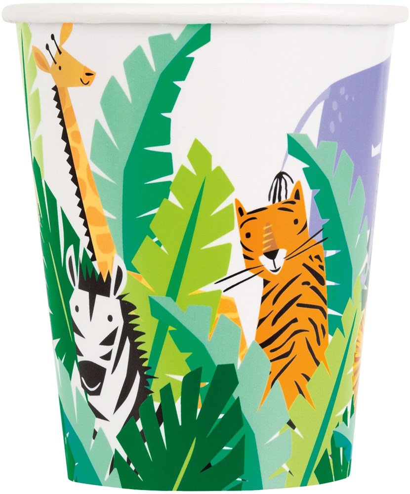 White paper party cup with colorful jungle animals including a giraffe, zebra, and tiger amidst green tropical leaves.