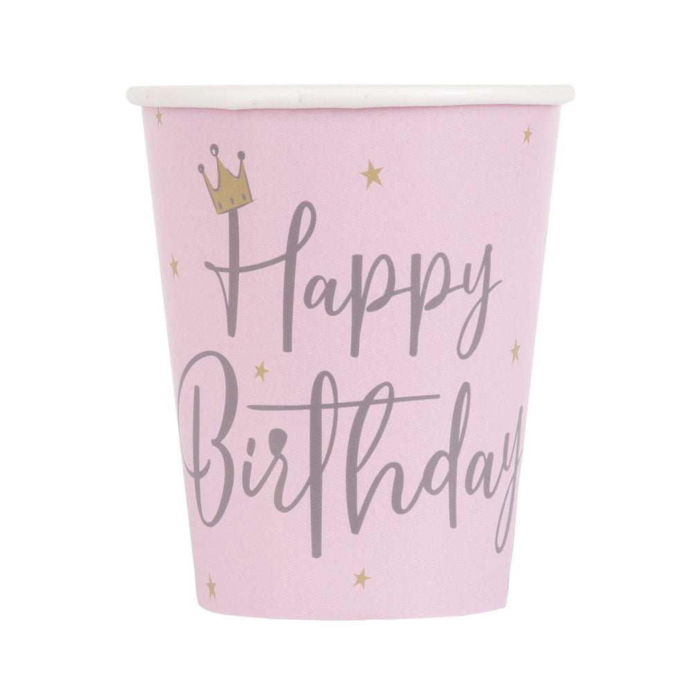 Pink paper cup with gold crown and stars, "Happy Birthday" in gray cursive font, 9oz capacity.