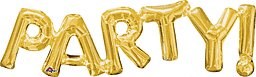 Gold foil balloons spelling out the word "PARTY!" in large, shiny letters.