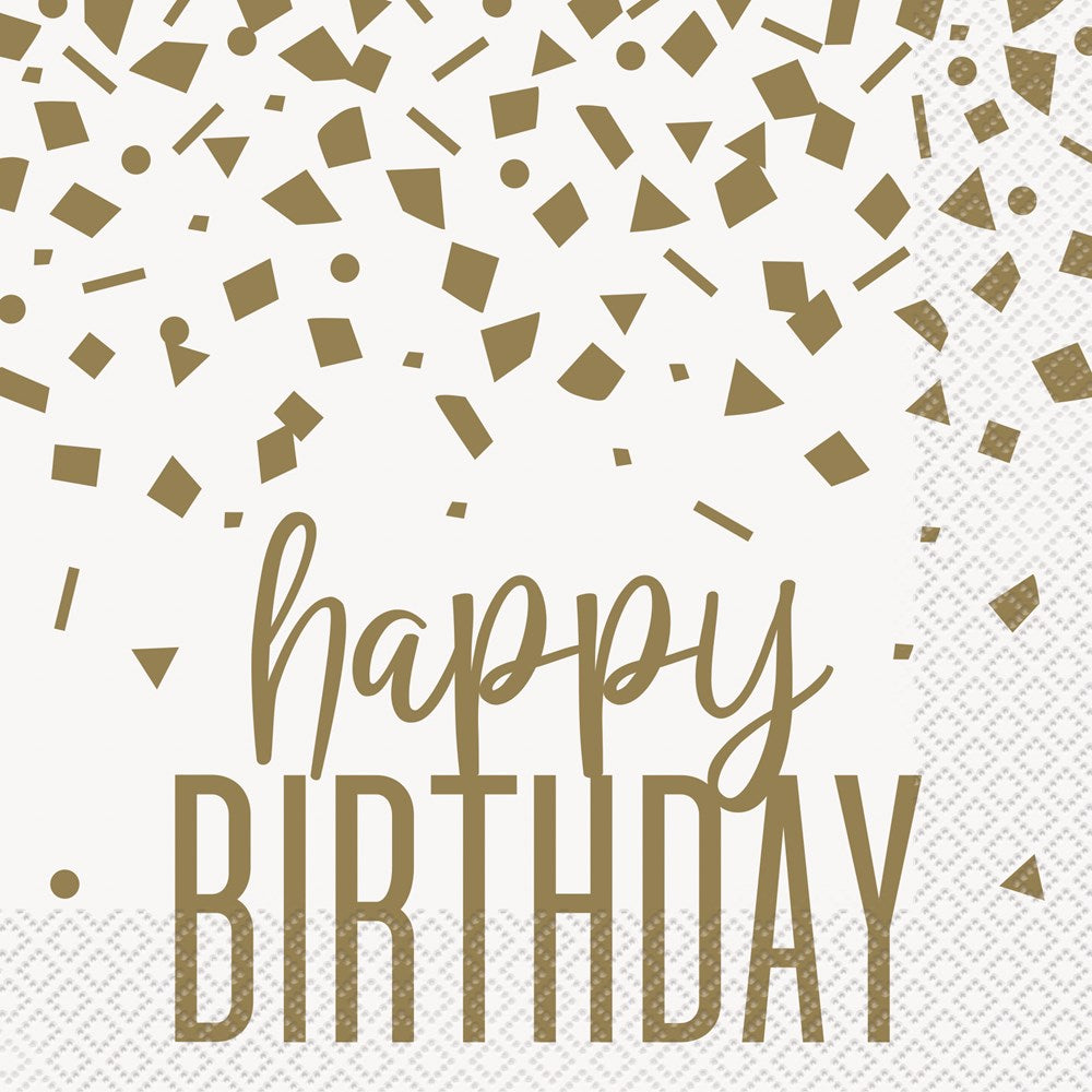 White paper napkin with gold confetti pattern and "happy BIRTHDAY" text in elegant script and bold font.