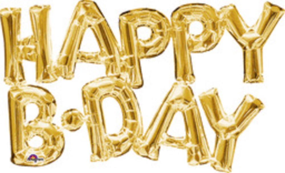 Gold foil balloons spelling out "HAPPY B-DAY" in large, shiny, 30-inch letters.
