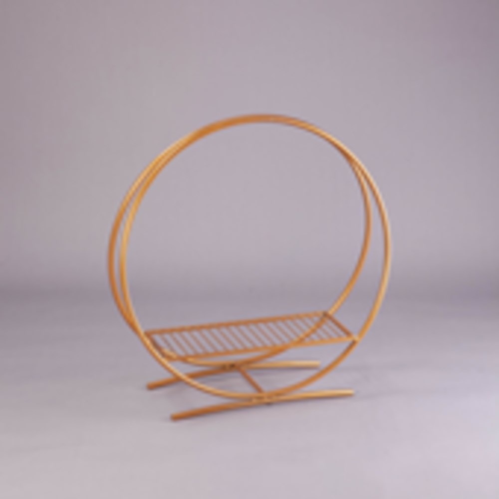 24-inch orange metal twin hoop centerpiece stand with a slatted base and curved feet.