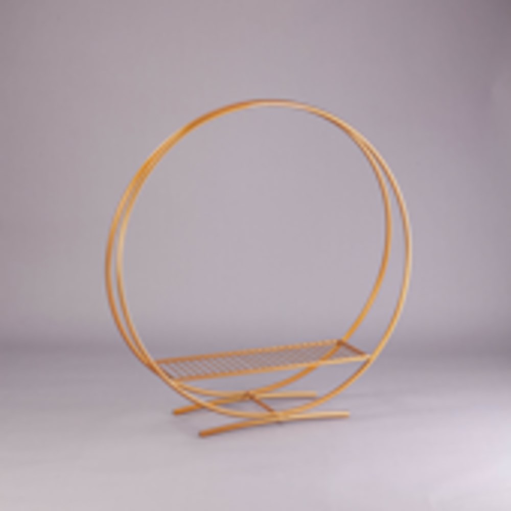 Round metal centerpiece stand with two concentric hoops in gold finish, 32 inches tall.