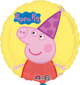 Round yellow foil balloon featuring Peppa Pig wearing a purple party hat and red dress with a Peppa Pig logo.
