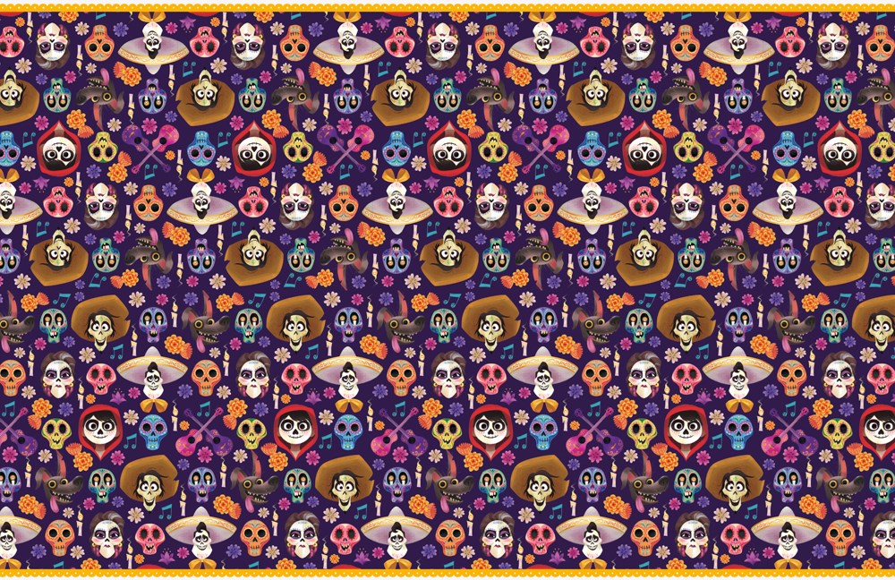 Rectangular plastic table cover featuring colorful Disney Coco skulls and flowers on a dark purple background.
