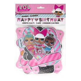 LOL Surprise large jointed birthday banner with colorful doll faces and pink accents.
