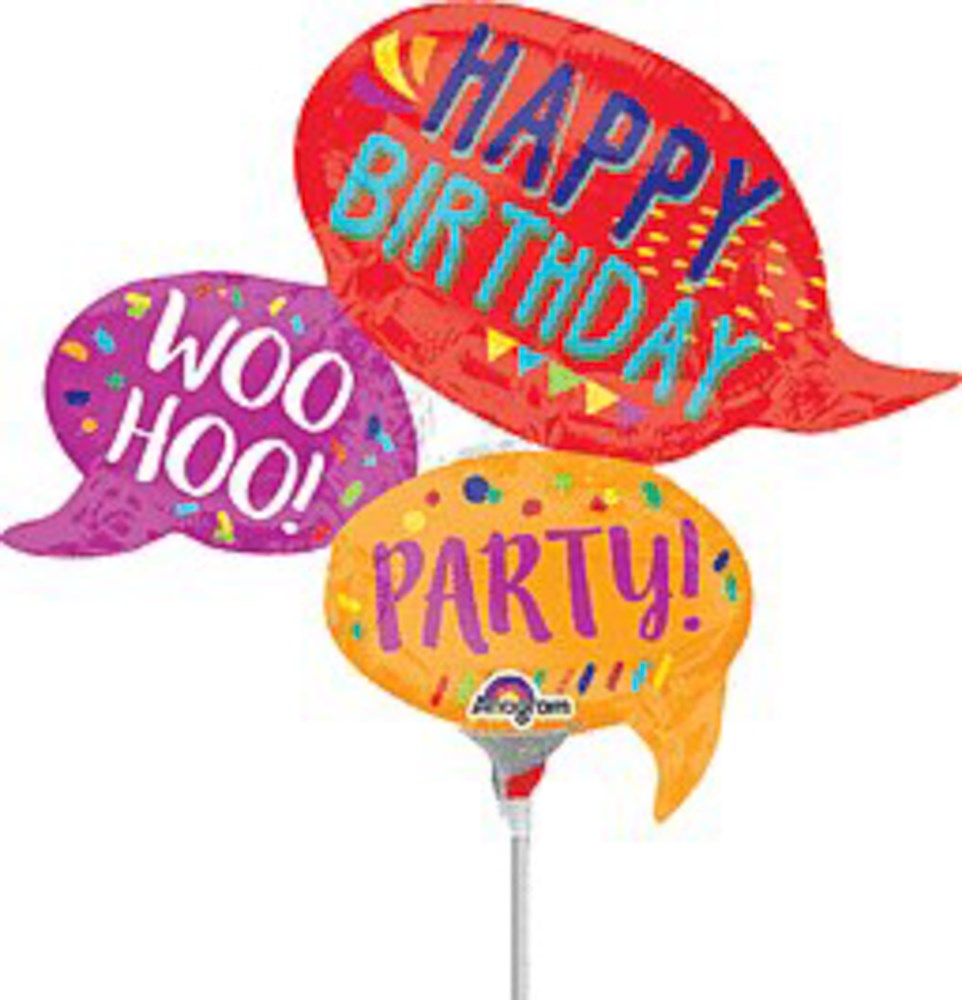 Set of three colorful foil balloons shaped like speech bubbles with "Happy Birthday," "Woo Hoo!," and "Party!" text designs.