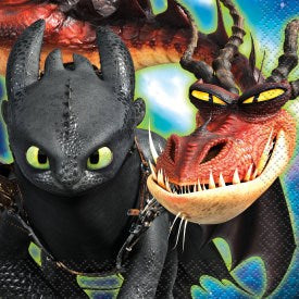Black Night Fury and red dragon with yellow eyes from How to Train Your Dragon on colorful napkin background.