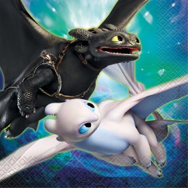 How to Train Your Dragon 3 luncheon napkin with Toothless and Light Fury flying on blue background.