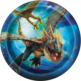 Round blue plastic plate featuring a vibrant How to Train Your Dragon 3 dragon illustration with detailed scales and fiery.