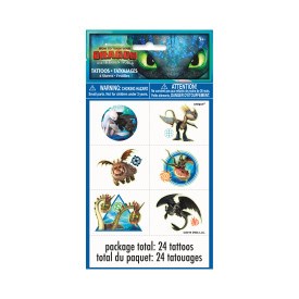 Pack of 24 How to Train Your Dragon 3 temporary tattoos featuring dragons and characters on white backing.