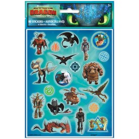 How to Train Your Dragon 3 sticker sheet with characters and dragons on blue background.