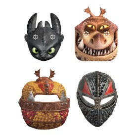 Set of four How to Train Your Dragon 3 party masks featuring Toothless, grinning dragon, brown dragon, and armored black.