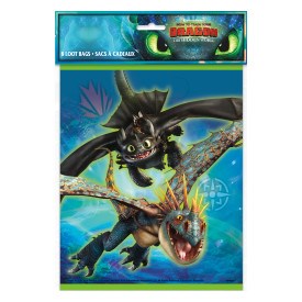 How to Train Your Dragon 3 lootbag with Toothless and fire-breathing dragon on blue background.