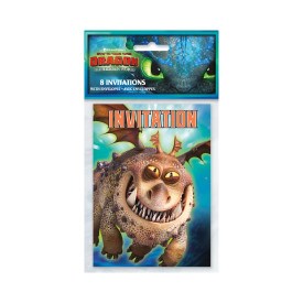 How to Train Your Dragon 3 birthday invitations featuring smiling dragon with large teeth and blue sky background, 8 count.