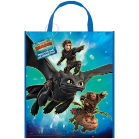 Blue tote bag featuring How to Train Your Dragon characters Toothless and Hiccup flying against a sky background.
