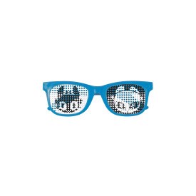 Blue plastic glasses with pixelated How to Train Your Dragon 3 character images on the lenses.