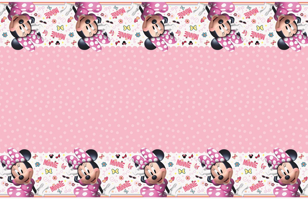 Pink rectangular tablecover with white polka dots and borders featuring repeating Minnie Mouse in pink bow and dress with.
