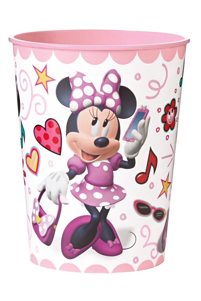 Pink plastic cup featuring Minnie Mouse in a pink polka dot dress with hearts and stars designs.