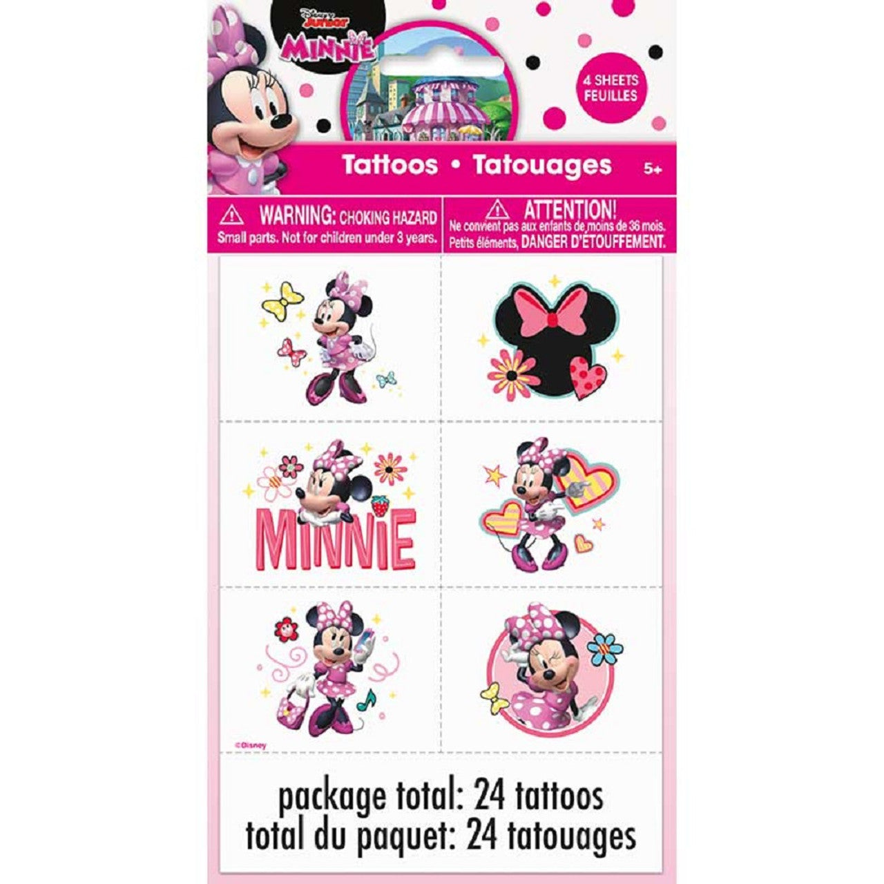 Sheet of colorful temporary tattoos featuring Minnie Mouse in various playful poses with flowers and hearts, bright pink and