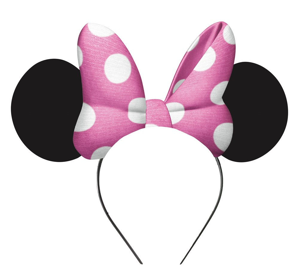 Black paper Minnie Mouse ears attached to a thin headband with a large pink and white polka dot bow.