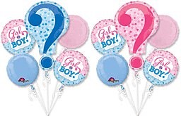 Blue and pink foil balloon bouquets with large question marks and round "Girl or Boy?" balloons for gender reveal parties.