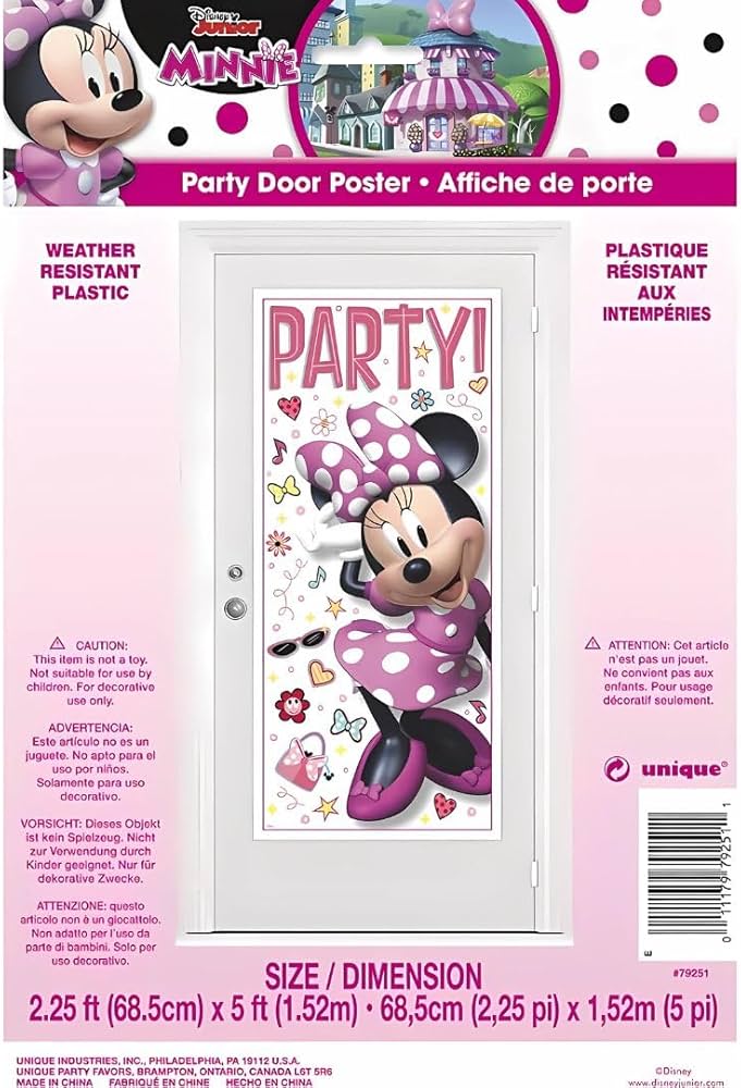 Door poster featuring Minnie Mouse in pink polka dot dress and bow, with colorful confetti and "Party!" text on white.