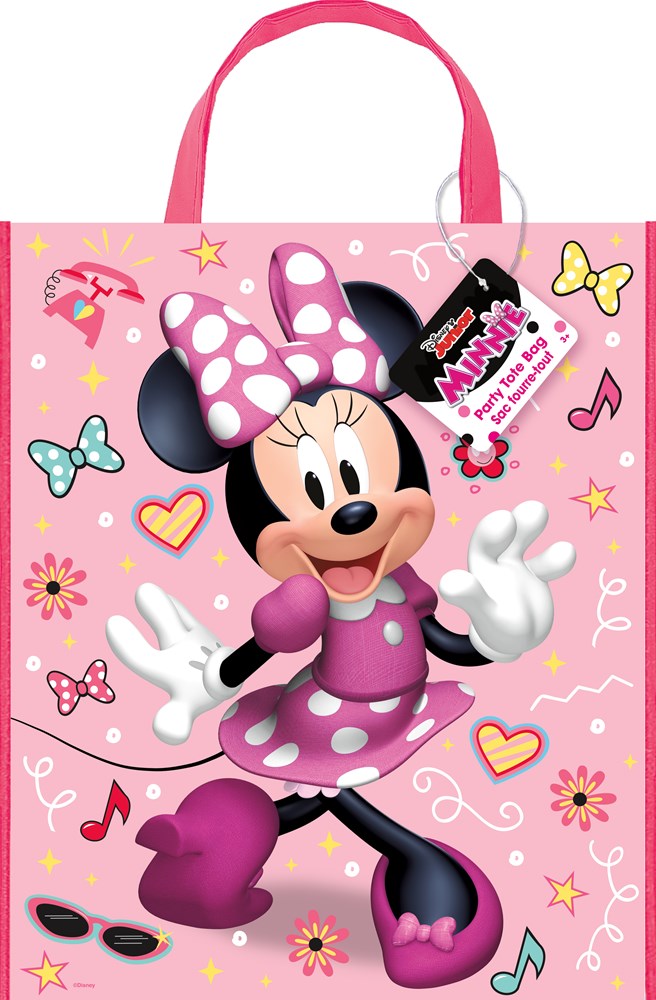 Pink Minnie Mouse tote bag with polka dot bow, musical notes, hearts, and butterflies, 13x11 inches.