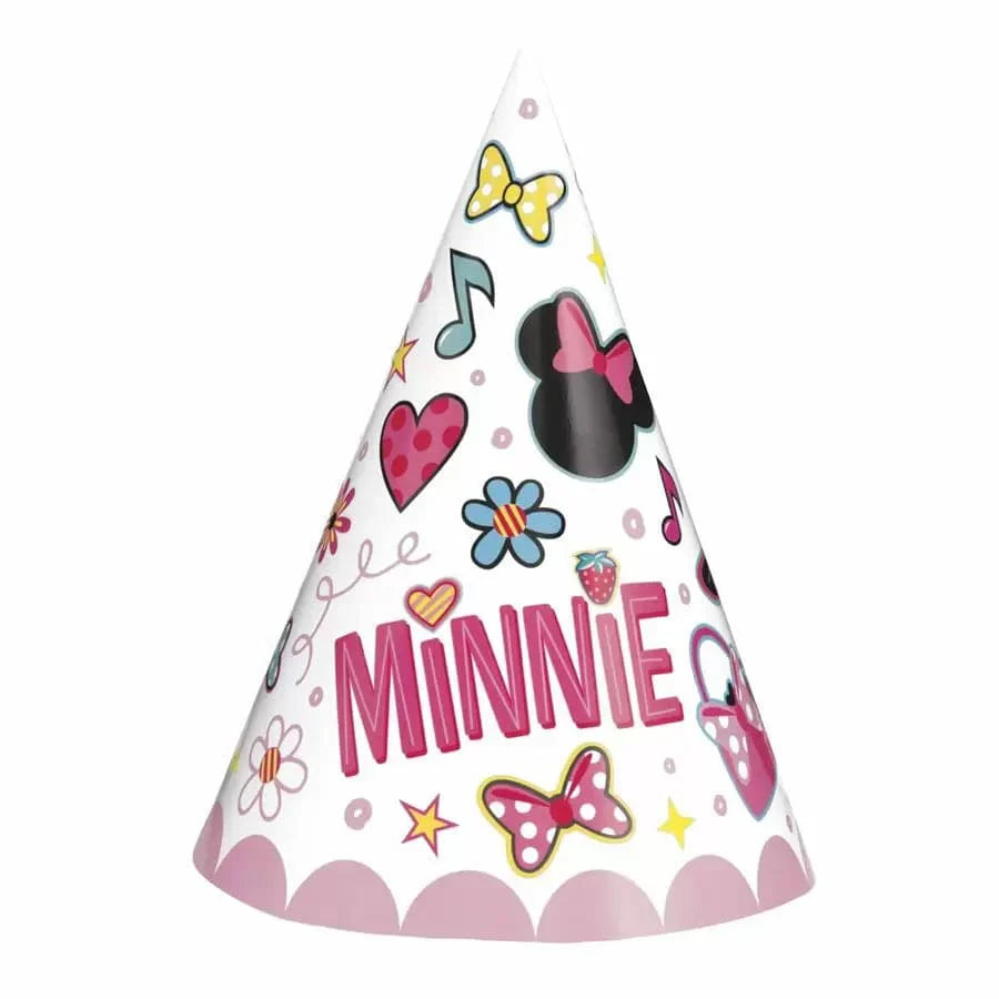 White cone party hat with pink scalloped edge, decorated with Minnie Mouse ears, bows, hearts, flowers, and musical notes,.