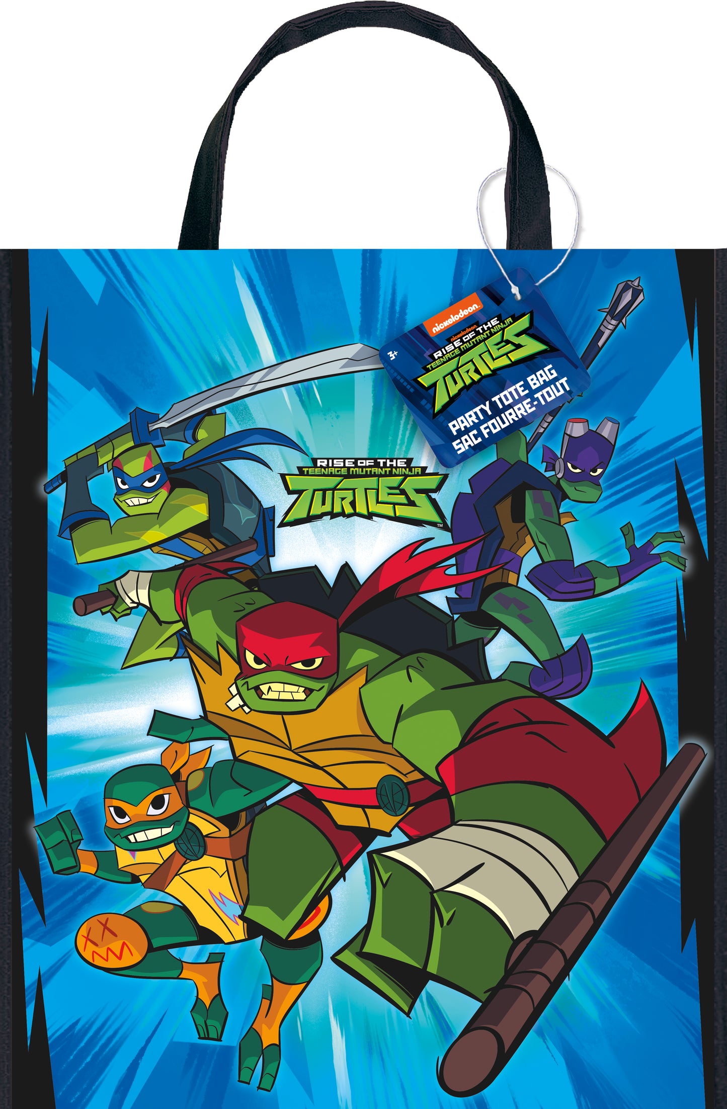 Blue rectangular tote bag featuring vibrant cartoon Teenage Mutant Ninja Turtles in action with black handles.