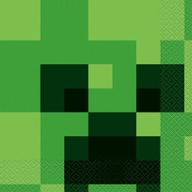 Green pixelated Minecraft Creeper face on a square paper napkin with textured edges.