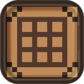 Square plastic plate with pixelated brown and tan Minecraft crafting grid design, 9-inch size.