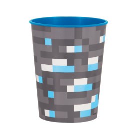 16-ounce plastic cup with pixelated gray, black, white, and blue Minecraft design and blue rim.
