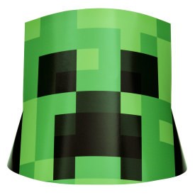 Green pixelated Minecraft Creeper party hat with black eyes and mouth printed on a tapered paper cone.