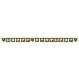 Minecraft-themed large jointed banner with blocky letters spelling "Happy Birthday" in brown and green colors.