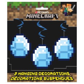 Three 26-inch blue pixelated egg-shaped Minecraft hanging swirl decorations against a Minecraft-themed background.