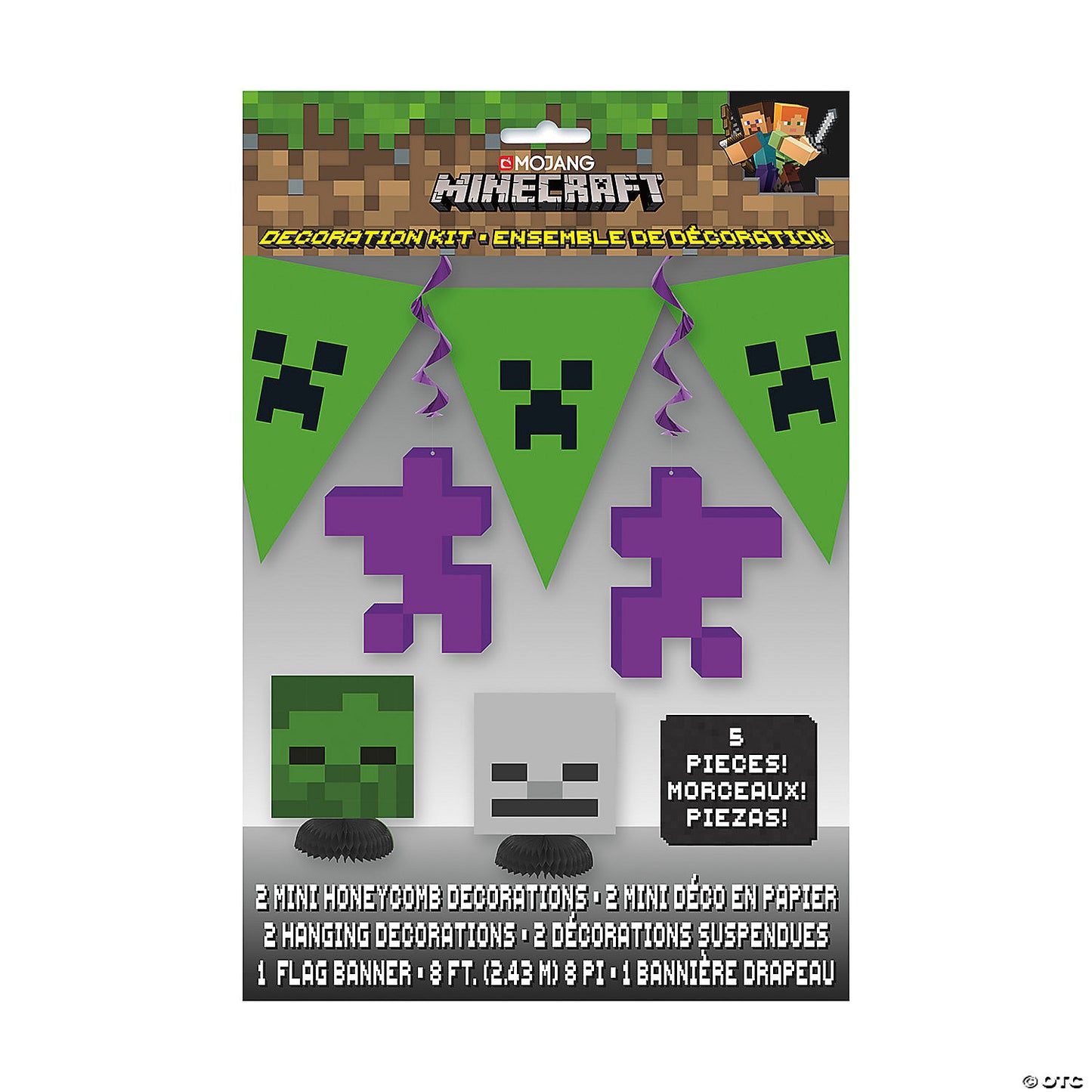 Minecraft-themed paper hanging banners with green Creeper faces and purple pixelated shapes for kids' birthday decor.