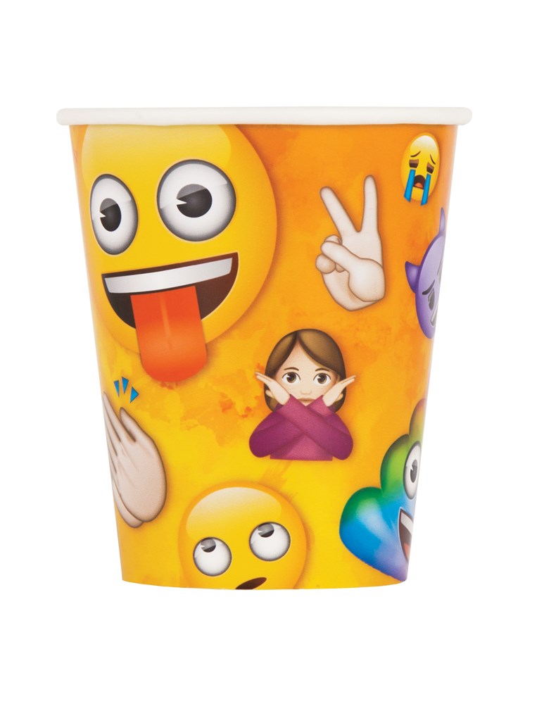 Yellow paper cup decorated with colorful emoji faces and hand gesture icons, 9oz.