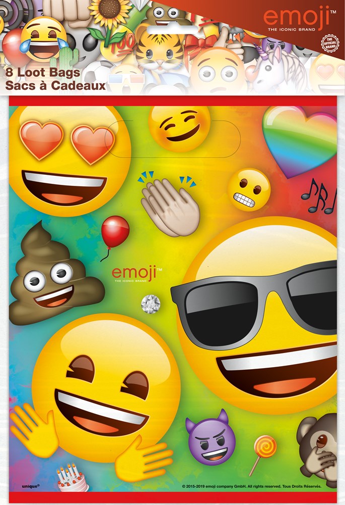Set of 8 colorful loot bags featuring various expressive emoji faces including heart eyes, sunglasses, laughing, and rainbow